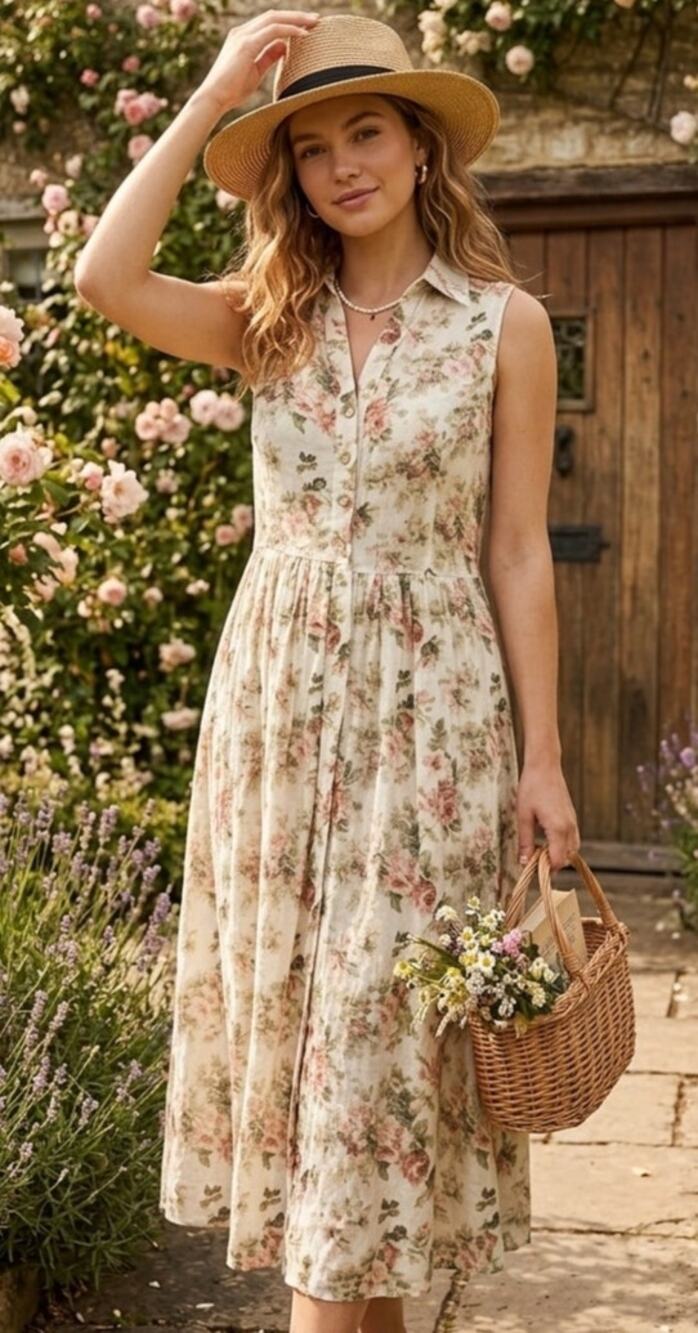 Yuvita Cottagecore Linen Midi Dress